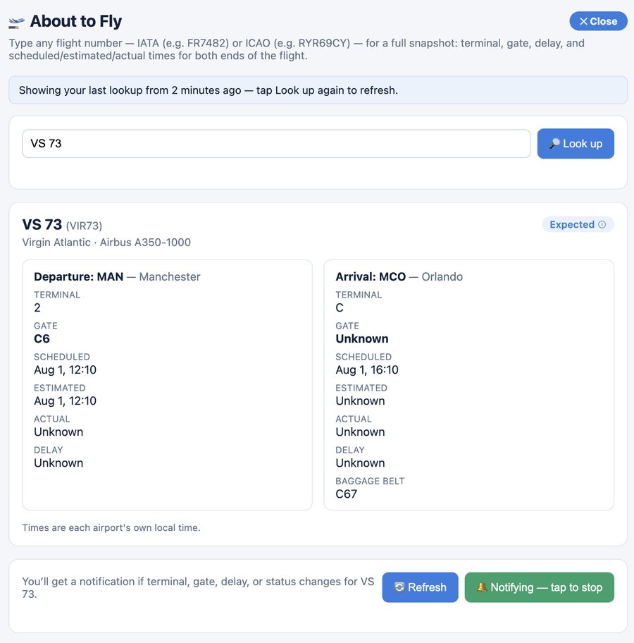About to Fly showing Virgin Atlantic flight VS73 from Manchester to Orlando, with terminal, gate, scheduled/estimated/actual times for both legs, and Notify me of changes turned on